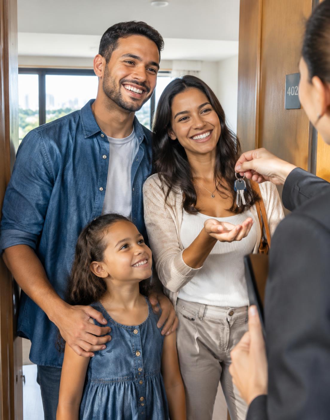 Imagem ilustrativa de uma família recebendo as chaves de um apartamento