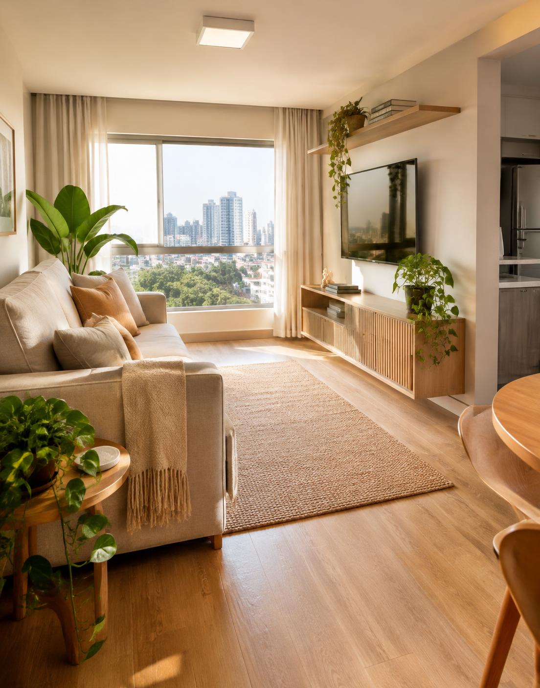 Imagem ilustrativa de sala de apartamento com sofá, varanda e luz natural